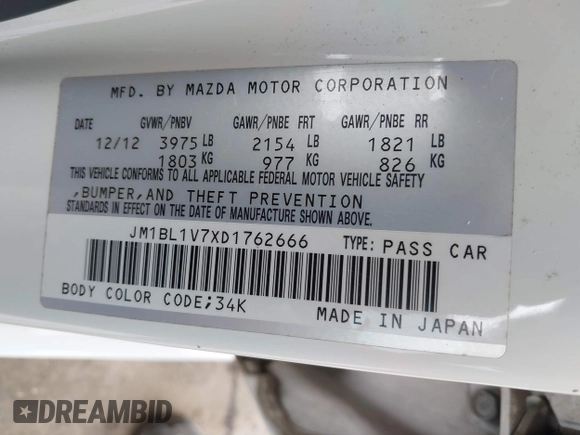 2013 Mazda 3 i Touring with VIN JM1BL1V7XD1762666, listed as a IAAI auction lot 41915630 with 152,218 mi miles and . Bid and sale history available at DreamBid. Image 9.