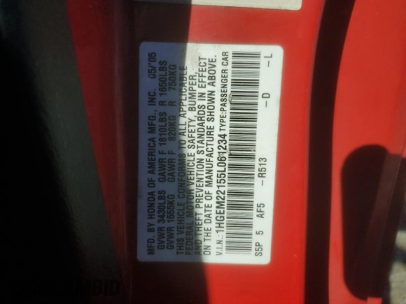 2005 Honda Civic VP z VIN 1HGEM22155L061234, wystawiony jako Copart lot #50332425 z przebiegiem 208 334 mil mil oraz Szkoda całkowita • Salvage title. Historia ofert i sprzedaży dostępna na DreamBid. Obrazek 12.