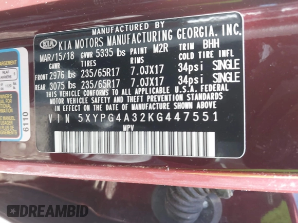 2019 Kia Sorento L with VIN 5XYPG4A32KG447551, listed as a IAAI auction lot 41751426 with 46,045 mi miles. Bid and sale history available at carsss.com. Image 9.
