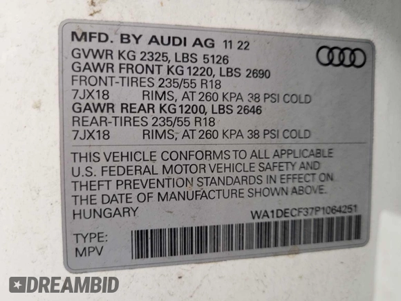 2023 Audi Q3 S line Premium with VIN WA1DECF37P1064251, listed as a IAAI auction lot 42791686 with 56,584 mi miles and . Bid and sale history available at DreamBid. Image 12.