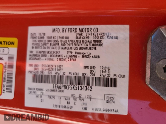 2019 Ford Mustang GT with VIN 1FA6P8CF5K5134342, listed as a Copart auction lot 55437245 with 48,918 mi miles and Salvage title. Bid and sale history available at DreamBid. Image 12.