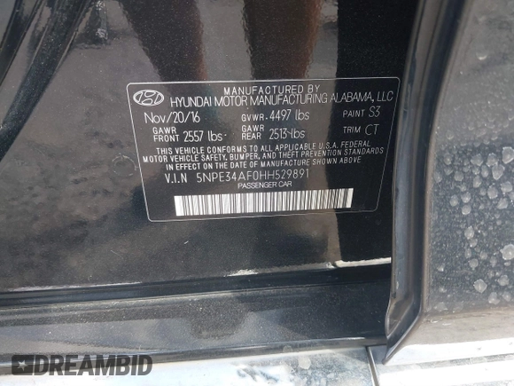 2017 Hyundai Sonata Sport with VIN 5NPE34AF0HH529891, listed as a IAAI auction lot 41607852 with 65,235 mi miles. Bid and sale history available at carsss.com. Image 9.