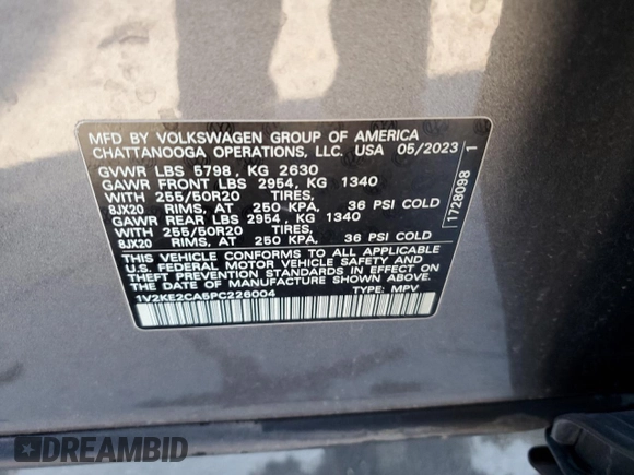 2023 Volkswagen Atlas SE with VIN 1V2KE2CA5PC226004, listed as a Copart auction lot 43184745 with 18,568 mi miles and Salvage title. Bid and sale history available at DreamBid. Image 14.