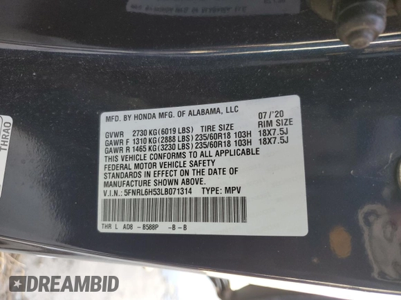 2020 Honda Odyssey EX with VIN 5FNRL6H53LB071314, listed as a Copart auction lot 46994745 with Not Provided miles and Salvage Title. Bid and sale history available at DreamBid. Image 13.