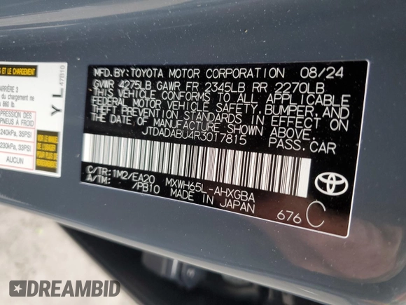 2024 Toyota Prius LE with VIN JTDADABU4R3017815, listed as a Copart auction lot 81692274 with 3,218 mi miles and Salvage Title. Bid and sale history available at carsss.com. Image 12.