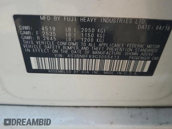 2016 Subaru Legacy Premium with VIN 4S3BNBF69G3055413, listed as a Copart auction lot 60349355 with 127,535 mi miles and Salvage title. Bid and sale history available at DreamBid. Image 12.