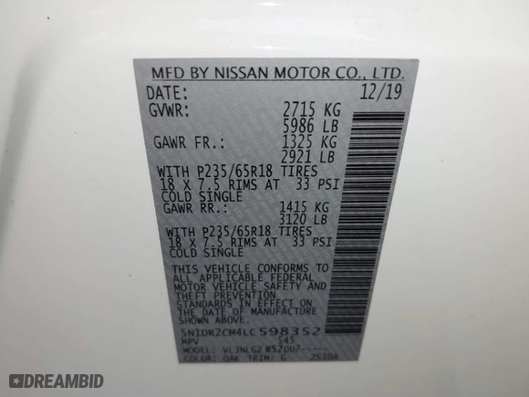 2020 Nissan Pathfinder SL with VIN 5N1DR2CM4LC598352, listed as a IAAI auction lot 40872625 with 74538 miles. Bid and sale history available at carsss.com. Image 9.