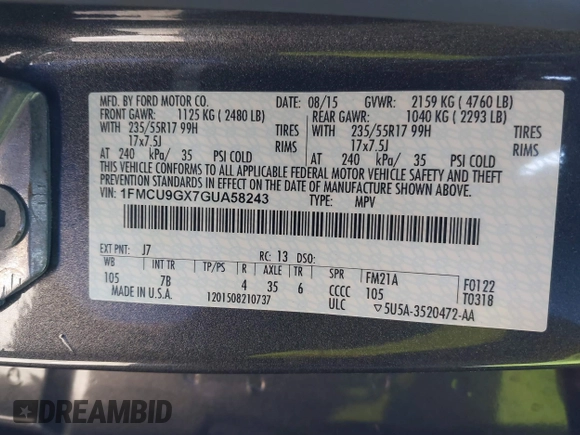 2016 Ford Escape SE with VIN 1FMCU9GX7GUA58243, listed as a IAAI auction lot 41856764 with 50,129 mi miles and . Bid and sale history available at DreamBid. Image 9.