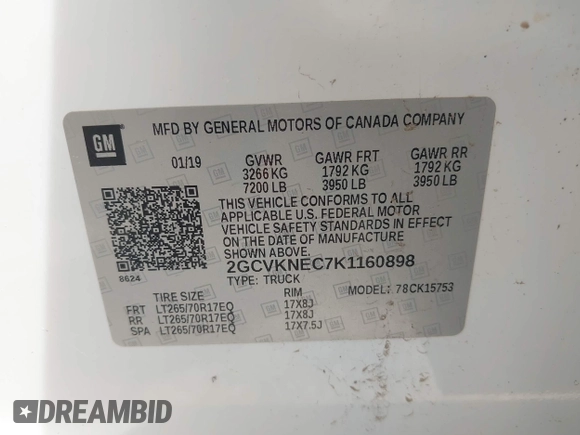 2019 Chevrolet Silverado 1500 Work Truck with VIN 2GCVKNEC7K1160898, listed as a IAAI auction lot 42223183 with 58,190 mi miles and . Bid and sale history available at DreamBid. Image 9.