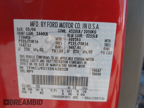 2005 Ford Escape XLT с VIN 1FMCU93155KA28328, выставлен на аукционе IAAI как лот 42293762 с пробегом 136 907 миль миль и . История ставок и продаж доступна на DreamBid. Изображение 9.