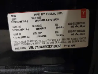 2019 Tesla Model X P90D with VIN 5YJXCAE4XKF180356, listed as a IAAI auction lot 42087926 with 79,041 mi miles. Bid and sale history available at carsss.com. Image 9.