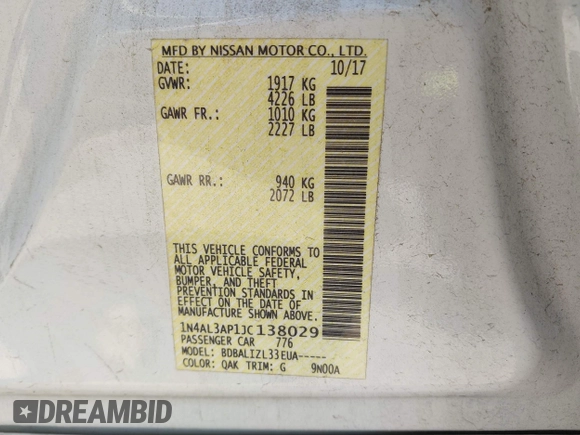 2018 Nissan Altima 2.5 S with VIN 1N4AL3AP1JC138029, listed as a IAAI auction lot 42039412 with 169,727 mi miles. Bid and sale history available at carsss.com. Image 9.