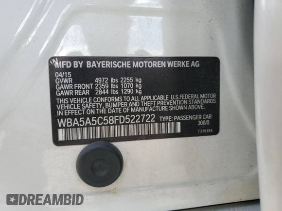 2015 BMW 5 Series 528i with VIN WBA5A5C58FD522722, listed as a Copart auction lot 51345595 with 68,683 mi miles and Salvage Title. Bid and sale history available at DreamBid. Image 13.