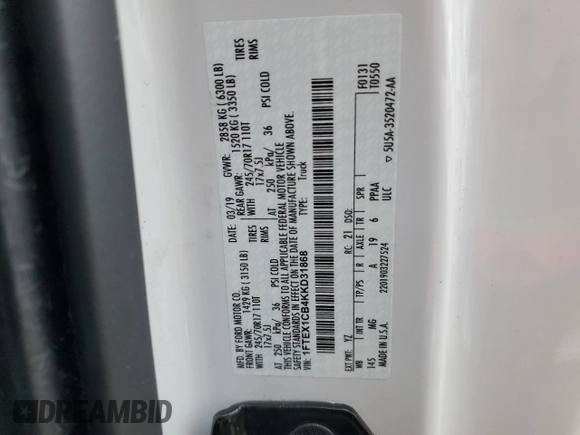 2019 Ford F-150 XL with VIN 1FTEX1CB4KKD31868, listed as a Copart auction lot 57752265 with 20,493 mi miles and Clean title. Bid and sale history available at DreamBid. Image 12.