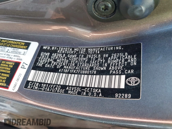 2015 Toyota Camry XLE z VIN 4T1BF1FK7FU880178, wystawiony jako IAAI lot #42537785 z przebiegiem 109 720 mil mil oraz . Historia ofert i sprzedaży dostępna na DreamBid. Obrazek 9.