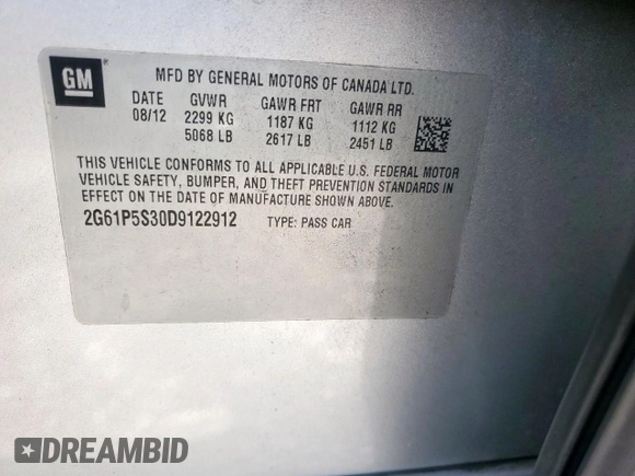2013 Cadillac XTS Luxury с VIN 2G61P5S30D9122912, выставлен на аукционе Copart как лот 56970895 с пробегом 189 310 миль миль и Списание • Salvage title. История ставок и продаж доступна на DreamBid. Изображение 12.