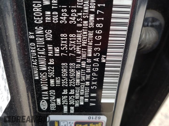 2020 Kia Sorento LX V6 with VIN 5XYPGDA53LG681717, listed as a Copart auction lot 47250395 with 66,358 mi miles and Salvage Title. Bid and sale history available at carsss.com. Image 14.