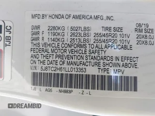 2020 Acura RDX w/A-Spec Pkg with VIN 5J8TC2H61LL013353, listed as a IAAI auction lot 42108607 with 52,481 mi miles. Bid and sale history available at carsss.com. Image 9.