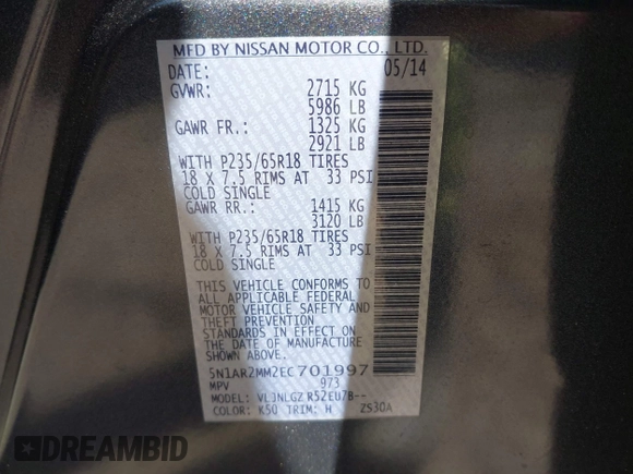 2014 Nissan Pathfinder SL z VIN 5N1AR2MM2EC701997, wystawiony jako IAAI lot #41984553 z przebiegiem 115 270 mil mil oraz . Historia ofert i sprzedaży dostępna na DreamBid. Obrazek 9.