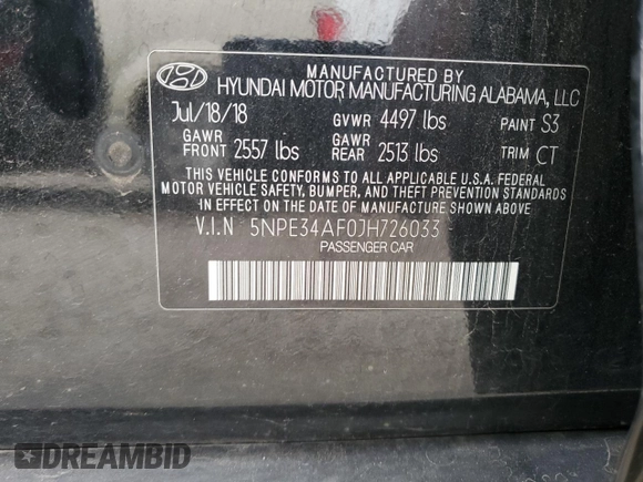 2018 Hyundai Sonata Sport Plus with VIN 5NPE34AF0JH726033, listed as a Copart auction lot 80530094 with 59,640 mi miles and Non Repairable. Bid and sale history available at DreamBid. Image 14.