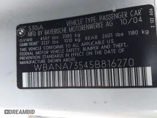 2005 BMW 5 Series 530i with VIN WBANA73545B816270, listed as a IAAI auction lot 41182732 with 131,519 mi miles. Bid and sale history available at carsss.com. Image 9.