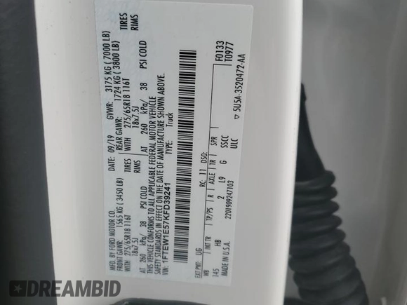 2019 Ford F-150 XL z VIN 1FTEW1E57KFD39241, wystawiony jako Copart lot #51621675 z przebiegiem 105 220 mil mil oraz Szkoda całkowita • Salvage title. Historia ofert i sprzedaży dostępna na DreamBid. Obrazek 14.