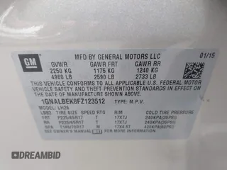 2015 Chevrolet Equinox LT with VIN 1GNALBEK8FZ123512, listed as a IAAI auction lot 42533266 with 76,307 mi miles and . Bid and sale history available at DreamBid. Image 9.
