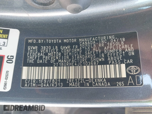 2018 Toyota Corolla L z VIN 2T1BURHE4JC103687, wystawiony jako IAAI lot #41985917 z przebiegiem 135 823 mil mil oraz . Historia ofert i sprzedaży dostępna na DreamBid. Obrazek 9.