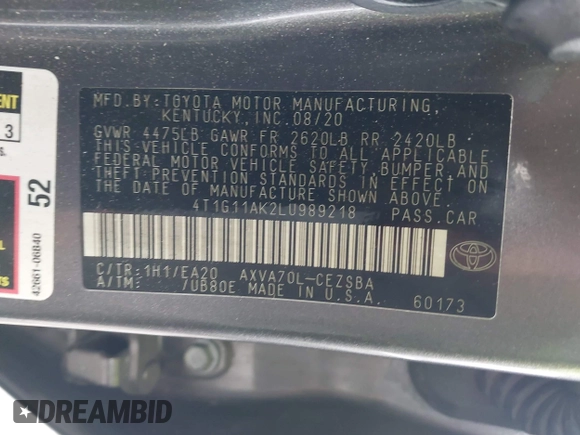 2020 Toyota Camry SE z VIN 4T1G11AK2LU989218, wystawiony jako IAAI lot #42204901 z przebiegiem 83 147 mil mil oraz . Historia ofert i sprzedaży dostępna na DreamBid. Obrazek 9.