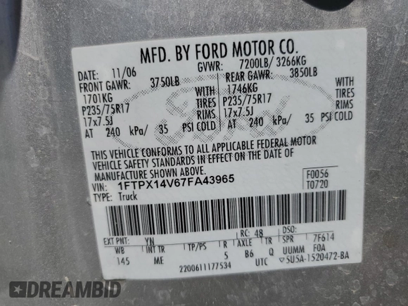 2007 Ford F-150 XLT with VIN 1FTPX14V67FA43965, listed as a Copart auction lot 60594845 with Not provided miles and Clean title. Bid and sale history available at DreamBid. Image 12.
