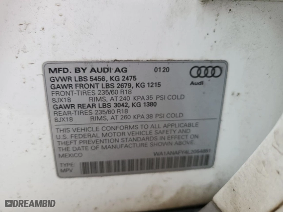 2020 Audi Q5 Premium with VIN WA1ANAFY4L2054851, listed as a Copart auction lot 45756995 with 114,212 mi miles and Salvage Title. Bid and sale history available at carsss.com. Image 15.