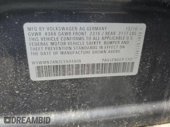 2012 Volkswagen CC Sport с VIN WVWMN7AN3CE504605, выставлен на аукционе Copart как лот 57232585 с пробегом 96 362 миль миль и Списание • Salvage title. История ставок и продаж доступна на DreamBid. Изображение 12.