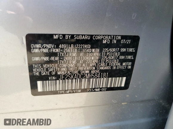 2021 Subaru Forester with VIN JF2SKADC2MH584181, listed as a Copart auction lot 55458855 with 52,148 mi miles and Salvage title. Bid and sale history available at DreamBid. Image 13.