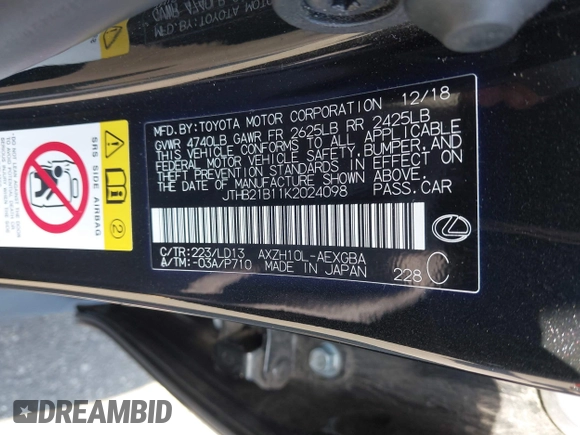 2019 Lexus ES 300h with VIN JTHB21B11K2024098, listed as a IAAI auction lot 42082628 with 92,280 mi miles and . Bid and sale history available at DreamBid. Image 9.