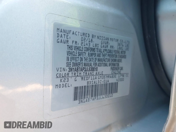 2018 Nissan Sentra SV z VIN 3N1AB7AP3JL630010, wystawiony jako IAAI lot #41812567 z przebiegiem 61 593 mil mil oraz . Historia ofert i sprzedaży dostępna na DreamBid. Obrazek 9.