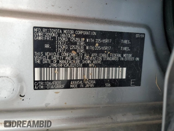 2019 Toyota RAV4 LE with VIN JTMG1RFV2KJ021318, listed as a Copart auction lot 46107385 with 57,863 mi miles and Salvage title. Bid and sale history available at DreamBid. Image 13.