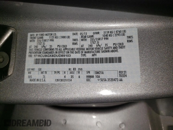2013 Ford Escape SE with VIN 1FMCU9GX8DUD89103, listed as a Copart auction lot 49922795 with 82,814 mi miles and Salvage Title. Bid and sale history available at DreamBid. Image 15.