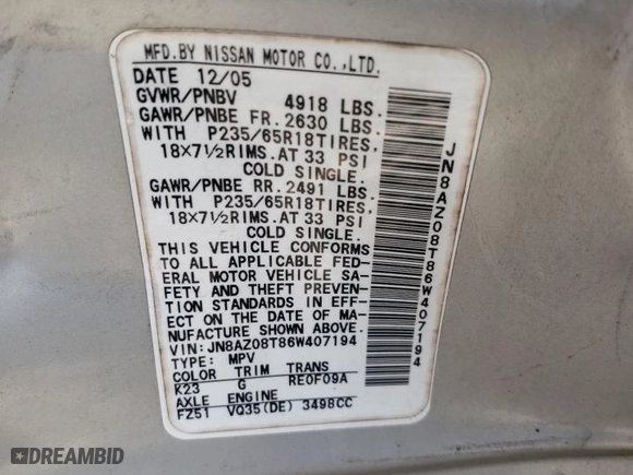 2006 Nissan Murano S with VIN JN8AZ08T86W407194, listed as a Copart auction lot 72197224 with 169,256 mi miles and Salvage Title. Bid and sale history available at carsss.com. Image 13.