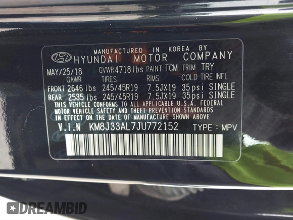 2018 Hyundai Tucson Sport with VIN KM8J33AL7JU772152, listed as a IAAI auction lot 41285203 with 87,188 mi miles. Bid and sale history available at carsss.com. Image 9.