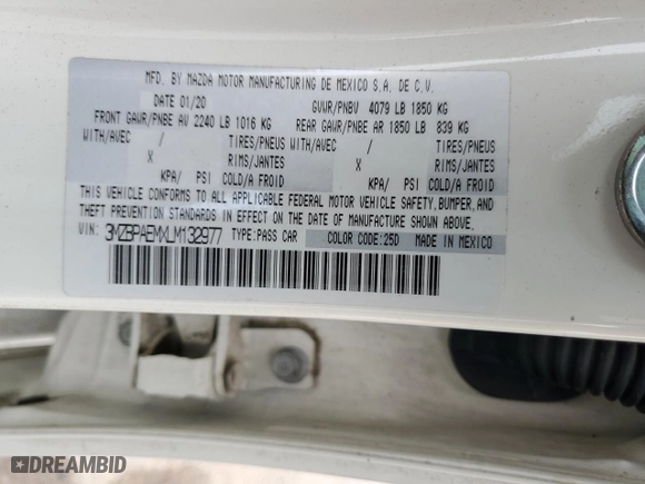 2020 Mazda Mazda3 Sedan Premium Package with VIN 3MZBPAEMXLM132977, listed as a Copart auction lot 47425115 with 0 mi miles and Salvage Title. Bid and sale history available at carsss.com. Image 13.