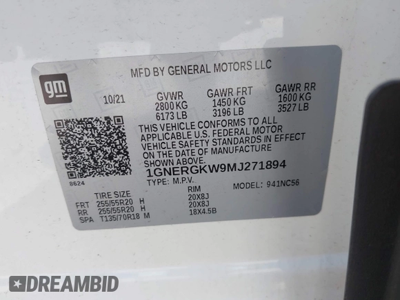 2021 Chevrolet Traverse LT Cloth с VIN 1GNERGKW9MJ271894, выставлен на аукционе IAAI как лот 42187111 с пробегом 40 896 миль миль и . История ставок и продаж доступна на DreamBid. Изображение 9.