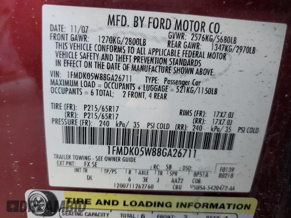 2008 Ford Taurus X SEL with VIN 1FMDK05W88GA26711, listed as a Copart auction lot 54235565 with 177,146 mi miles and Clean Title. Bid and sale history available at DreamBid. Image 13.