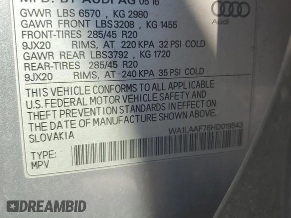 2017 Audi Q7 Premium Plus z VIN WA1LAAF76HD019543, wystawiony jako Copart lot #63573905 z przebiegiem 121 657 mil mil oraz Szkoda całkowita • Salvage title. Historia ofert i sprzedaży dostępna na DreamBid. Obrazek 13.