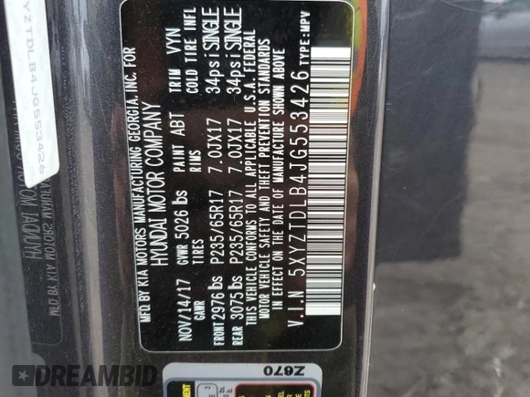 2018 Hyundai Santa Fe 2.4L z VIN 5XYZTDLB4JG553426, wystawiony jako Copart lot #54609875 z przebiegiem 93 328 mil mil oraz Szkoda całkowita • Salvage title. Historia ofert i sprzedaży dostępna na DreamBid. Obrazek 13.