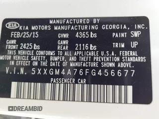 2015 Kia Optima LX with VIN 5XXGM4A76FG456677, listed as a IAAI auction lot 41976831 with 138,008 mi miles. Bid and sale history available at carsss.com. Image 9.