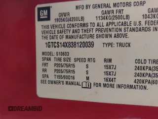 2003 GMC Sonoma SLS with VIN 1GTCS14X838120039, listed as a IAAI auction lot 41471166 with 114,099 mi miles. Bid and sale history available at carsss.com. Image 9.