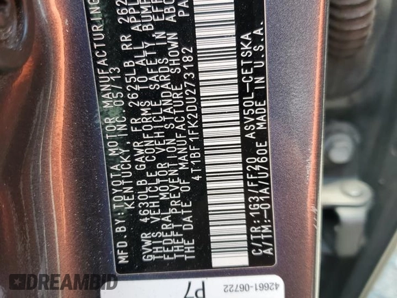 2013 Toyota Camry L with VIN 4T1BF1FK2DU273182, listed as a Copart auction lot 52796655 with 166,985 mi miles and Salvage Title. Bid and sale history available at carsss.com. Image 12.