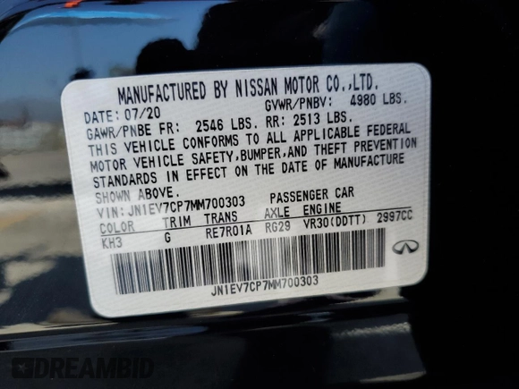 2021 Infiniti Q50 Signature Edition with VIN JN1EV7CP7MM700303, listed as a Copart auction lot 58534285 with 44,081 mi miles and Salvage title. Bid and sale history available at DreamBid. Image 13.