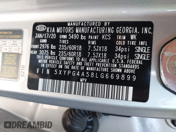 2020 Kia Sorento S z VIN 5XYPG4A58LG669899, wystawiony jako IAAI lot #42006231 z przebiegiem 58 268 mil mil oraz . Historia ofert i sprzedaży dostępna na DreamBid. Obrazek 9.