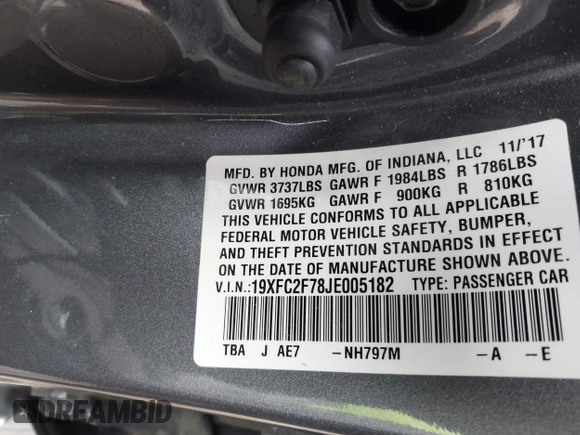 2018 Honda Civic Sedan EX with VIN 19XFC2F78JE005182, listed as a IAAI auction lot 41694161 with 101,158 mi miles. Bid and sale history available at carsss.com. Image 9.